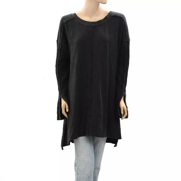 Free People Black Long Sleeve Sweatshirt Top Oversized Cotton Slouchy XS 274248